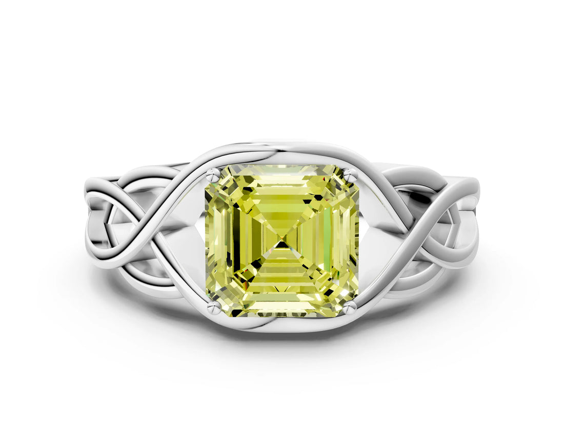 Silver Fancy Yellow Asscher Cut Solitaire Intertwined Band Prong Setting Ring_6