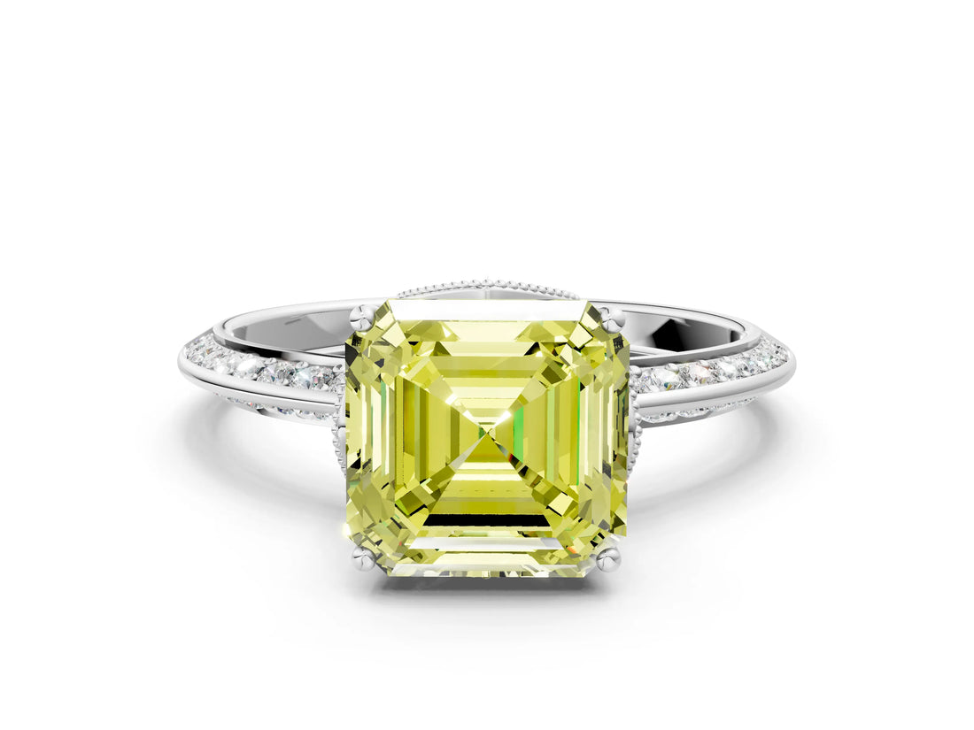 Silver Fancy Yellow Asscher Cut Solitaire Split Shank Pave Diamond Engagement Ring with Four-Prong Setting_54