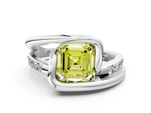 Silver Fancy Yellow Asscher Cut Solitaire Tension-Set Diamond Split Shank Ring