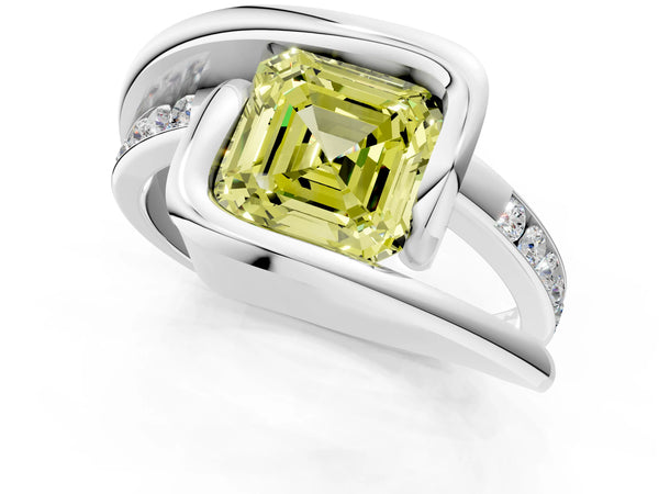 Silver Fancy Yellow Asscher Cut Solitaire Tension-Set Diamond Split Shank Ring