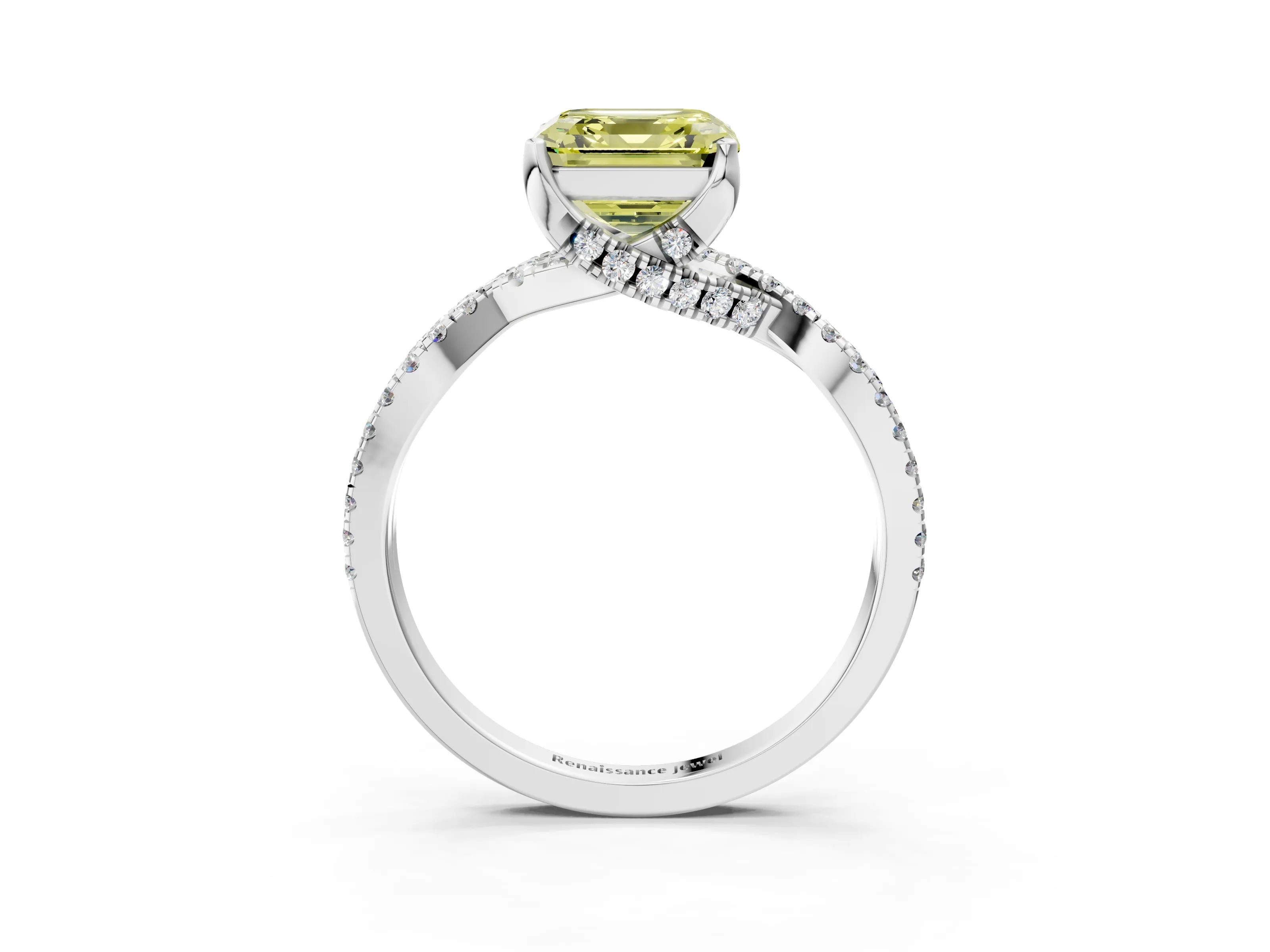 Silver Fancy Yellow Asscher Cut Solitaire Twist Pave Diamond Engagement Ring with Prong Setting_45