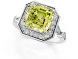 Silver Fancy Yellow Asscher  Halo Diamond Engagement Ring with Twisted Band and Four-Prong Setting 1