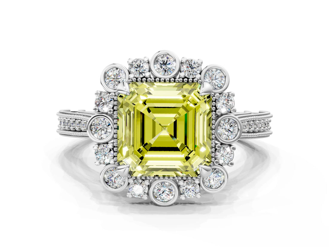 Silver Fancy Yellow Asscher  Halo Milgrain Pave Diamond Ring with Four-Prong Setting