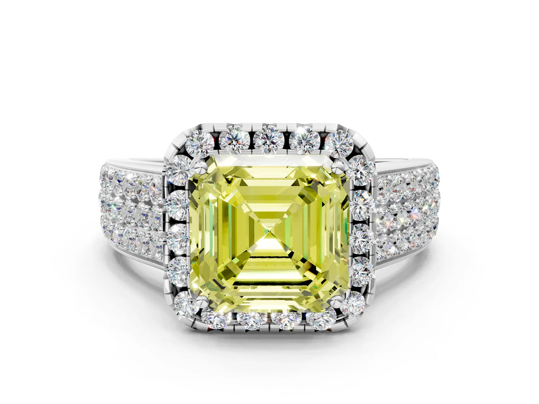 Silver Fancy Yellow Asscher  Halo Round Diamond Pave Band with Prong Setting 1
