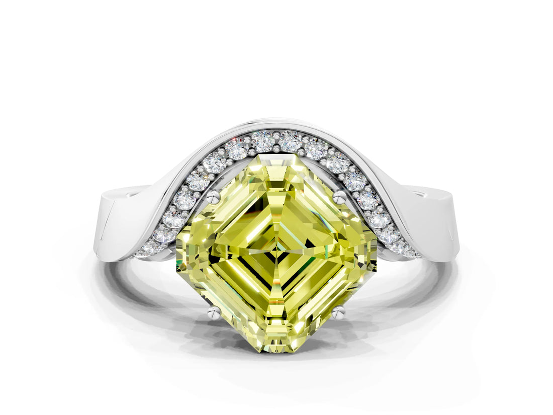Silver Fancy Yellow Asscher  Solitaire Diamond Engagement Ring with Pave Band and Four-Prong Setting 1