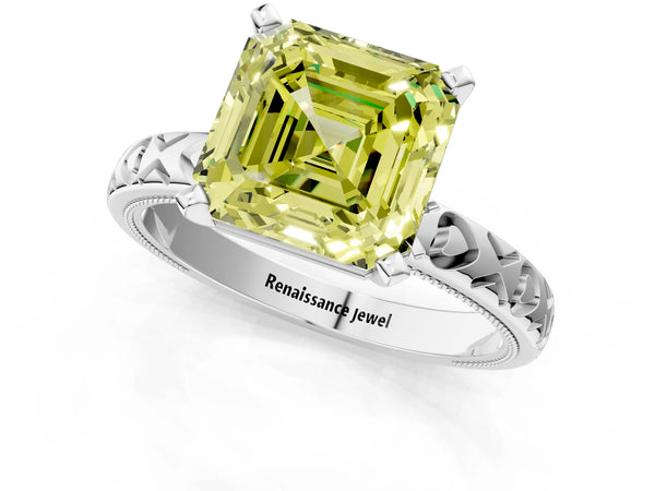 Sterling Silver Asscher Cut XO Engraved Engagement Ring Setting for Fancy Yellow Center