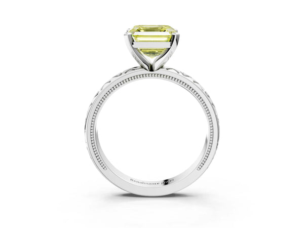 Sterling Silver Asscher Cut XO Engraved Engagement Ring Setting for Fancy Yellow Center