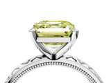 Silver Fancy Yellow Asscher  Solitaire Diamond Engagement Ring with XO Engraved Band and Four-Prong Setting