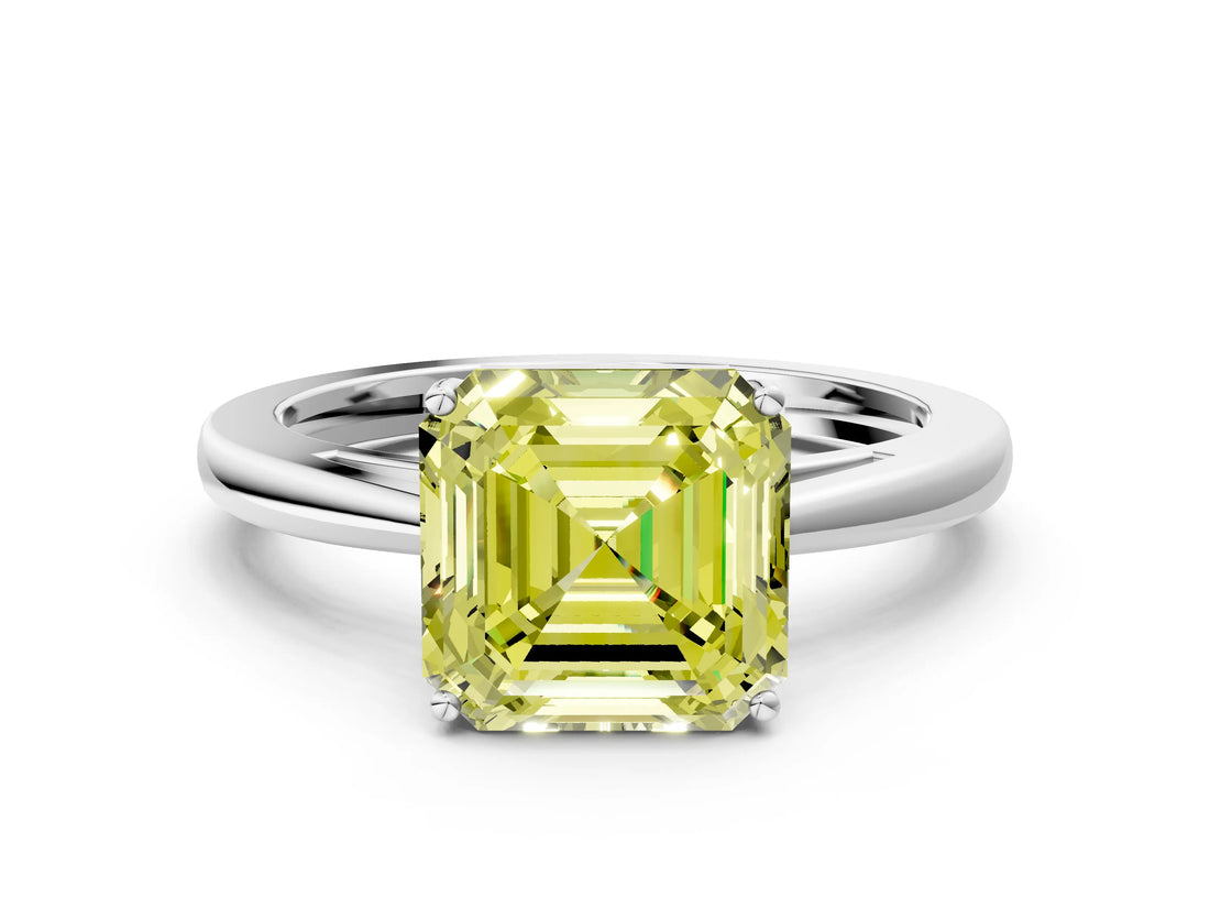 Silver Fancy Yellow Asscher  Solitaire Diamond Ring with Split Shank and Four-Prong Setting_12