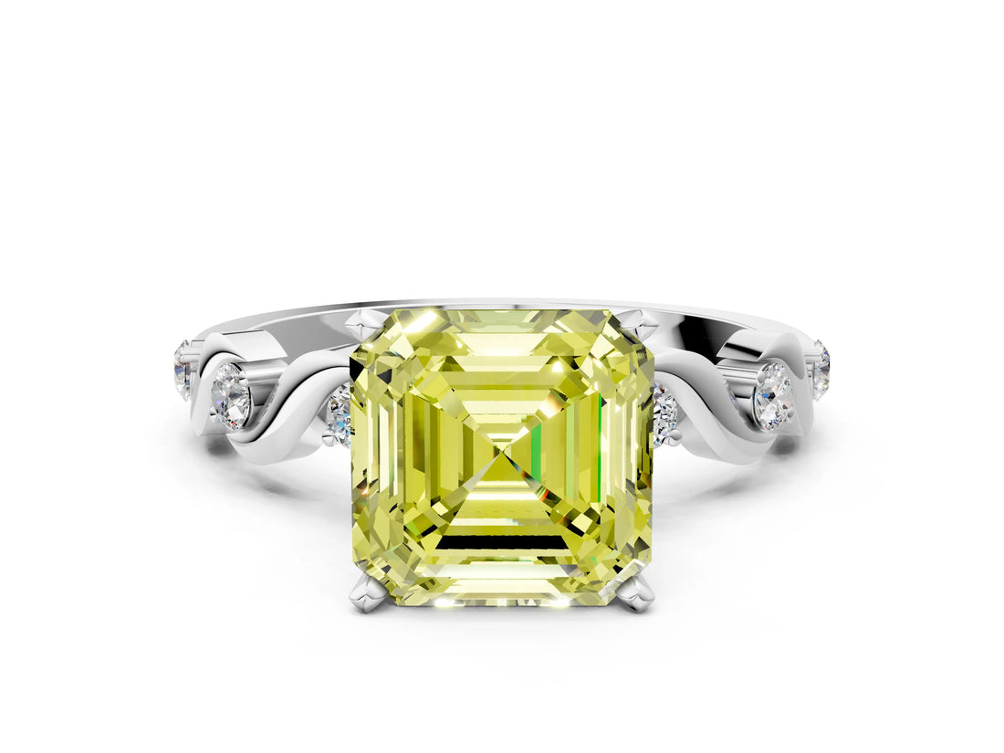 Silver Fancy Yellow Asscher  Solitaire Twisted Band with Prong Setting