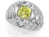 Silver Fancy Yellow Cushion Cut Brilliant Halo Pave Diamond Milgrain Ring_7