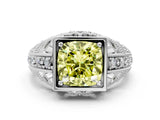 Silver Fancy Yellow Cushion Cut Brilliant Milgrain Filigree Diamond Ring with Square Prong Setting_30