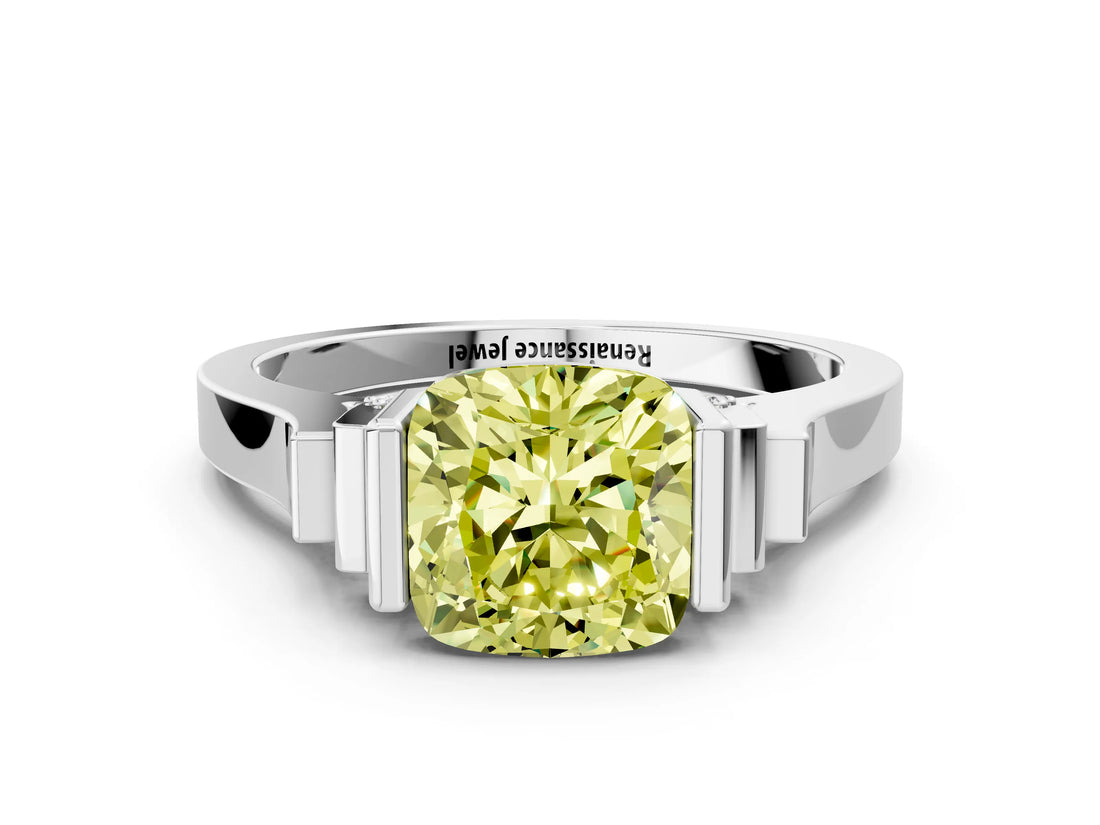 Silver Fancy Yellow Cushion Cut Brilliant Solitaire Diamond Ring with Channel Set Band and Bar Prong Setting_54