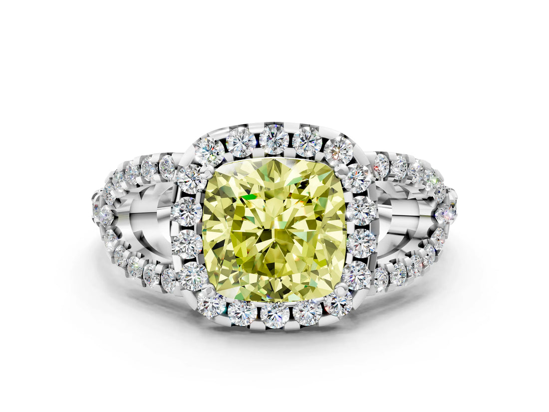 Silver Fancy Yellow Cushion Cut Cut Diamond Halo Engagement Ring with Open Split Pavé Band_6