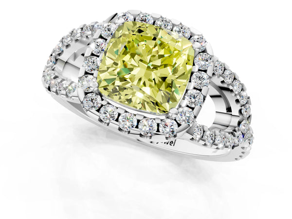 Sterling Silver Cushion Cut Split Shank Pave Halo Engagement Ring Setting for Fancy Yellow Center