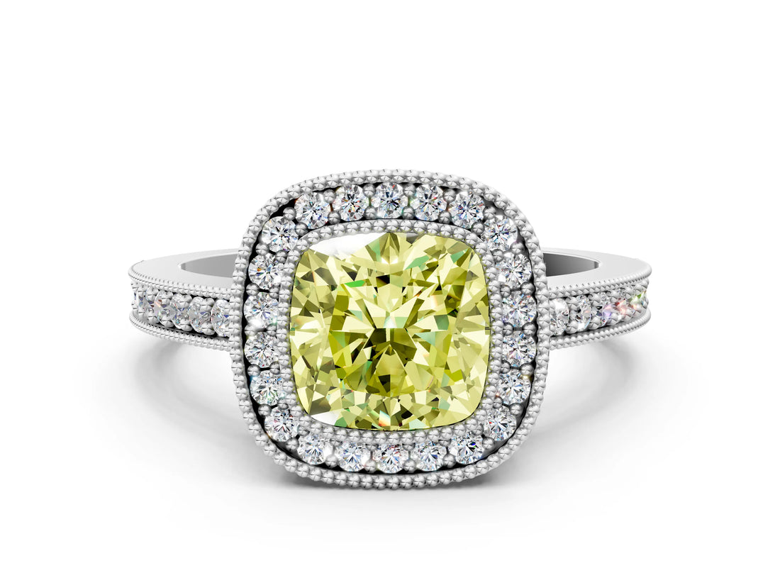 Silver Fancy Yellow Cushion Cut-Cut Diamond Halo Engagement Ring with Pave Band and Prong Setting_12