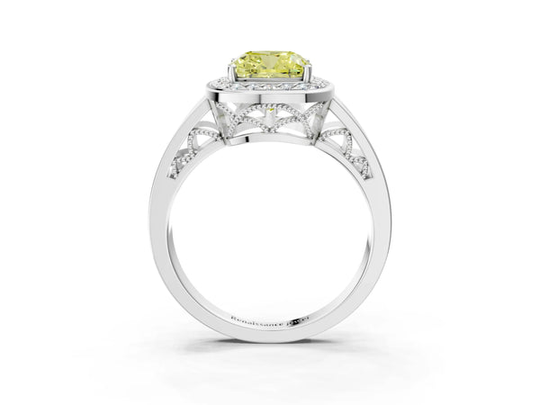 Sterling Silver Cushion Cut Channel Set Halo Engagement Ring Setting for Fancy Yellow Center