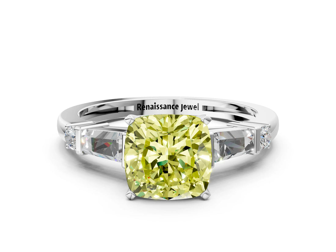 Silver Fancy Yellow Cushion  Cut Diamond Ring with Baguette Side Stones, Channel Set Band, and Four-Prong Setting_24