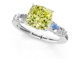 Silver Fancy Yellow Cushion  Cut Diamond Ring with Baguette Side Stones, Channel Set Band, and Four-Prong Setting_25