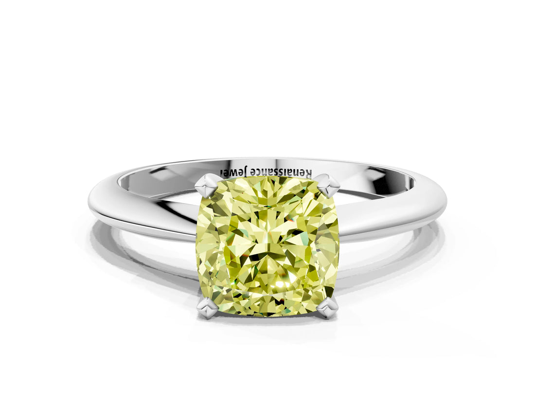 Silver Fancy Yellow Cushion Cut Diamond Solitaire Engagement Ring with Classic Band and Four-Prong Setting_12