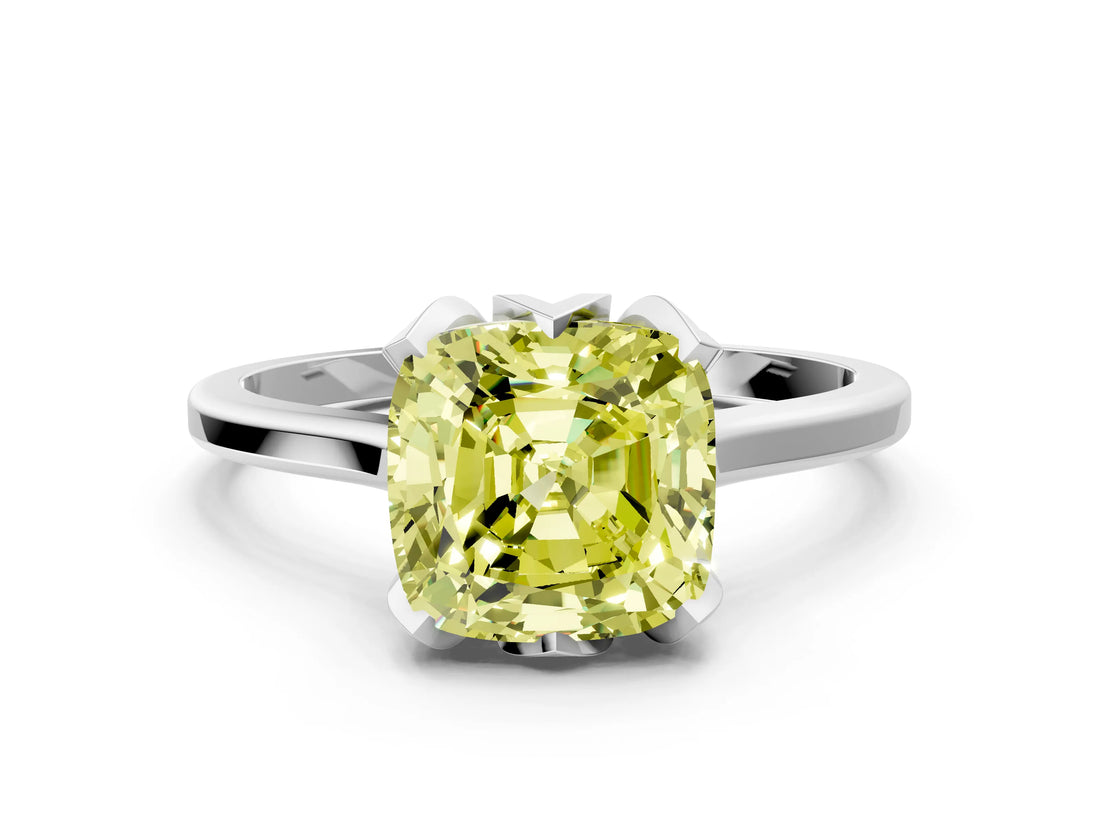 Silver Fancy Yellow Cushion Cut Diamond Solitaire Ring with Flower Prong Setting and Classic Band_12