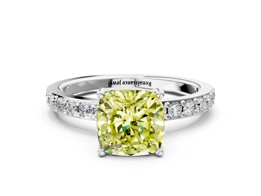 Silver Fancy Yellow Cushion  Cut Diamond Solitaire with Pave Band and Four-Prong Setting 1