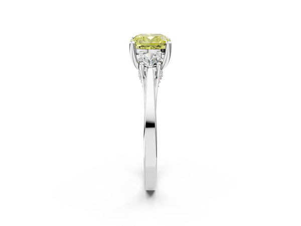Silver Fancy Yellow Cushion Cut Diamond Three-Stone Engagement Ring with Prong Setting and Pavé Band