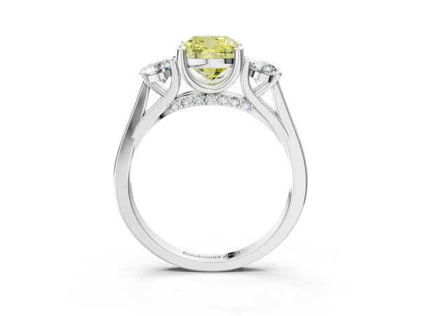 Silver Fancy Yellow Cushion Cut Diamond Three-Stone Engagement Ring with Prong Setting and Pavé Band