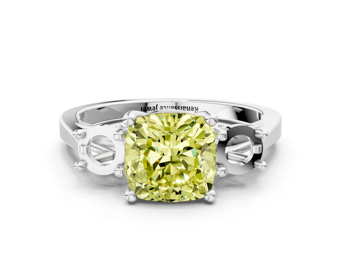 Silver Fancy Yellow Cushion Cut Diamond Three-Stone Engagement Ring with Prong Setting and Pavé Band_6
