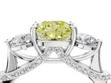 Silver Fancy Yellow Cushion Cut Diamond Three-Stone Ring with Prong Setting and Pavé Band_10
