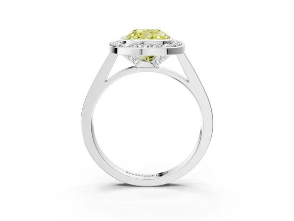 Silver Fancy Yellow Cushion Cut Halo Bezel Diamond Pave Band Ring
