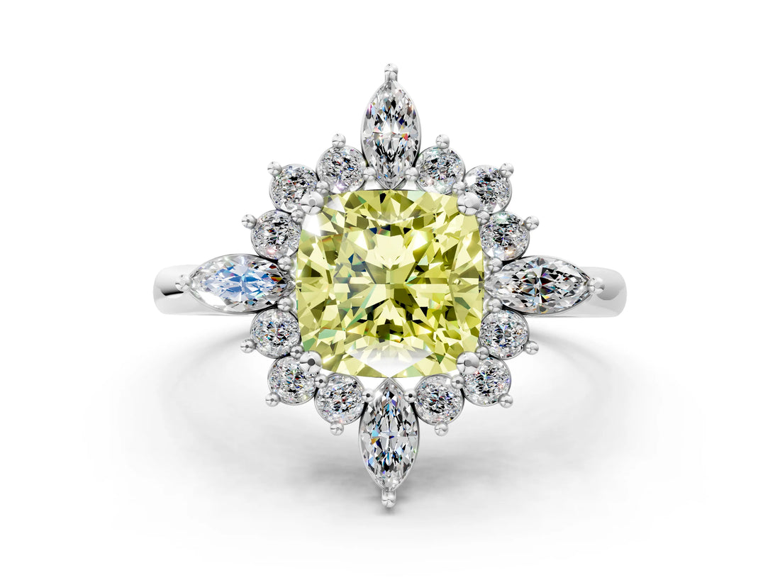 Silver Fancy Yellow Cushion Cut Halo Diamond Cluster Ring with Marquise and Round Stones on a White Gold Band with Prong Setting