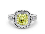 Silver Fancy Yellow Cushion Cut Halo Diamond Ring with Beaded Split Shank and Four-Prong Setting_6