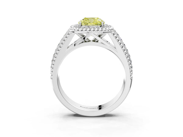 Sterling Silver Cushion Cut Beaded Halo Engagement Ring Setting for Fancy Yellow Center with Pave
