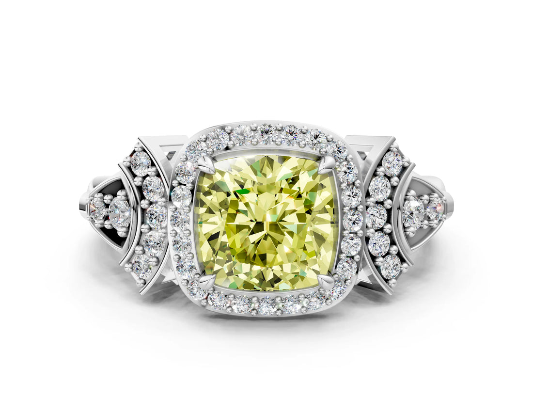 Silver Fancy Yellow Cushion Cut Halo Diamond Split Shank Engagement Ring with Four-Prong Setting_6