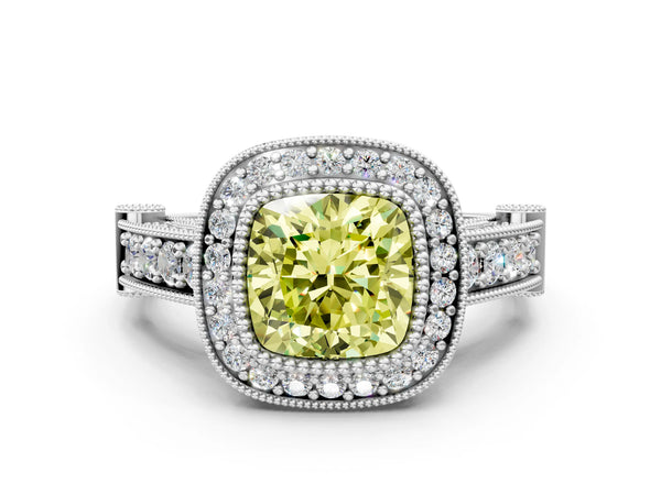 Sterling Silver Cushion Cut Vintage Bezel Halo Engagement Ring Setting for Fancy Yellow Center