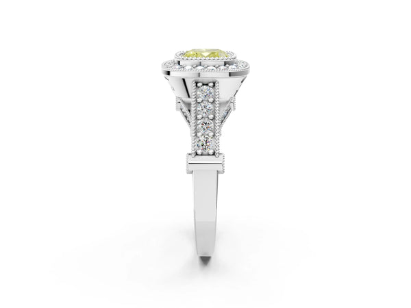 Sterling Silver Cushion Cut Vintage Bezel Halo Engagement Ring Setting for Fancy Yellow Center