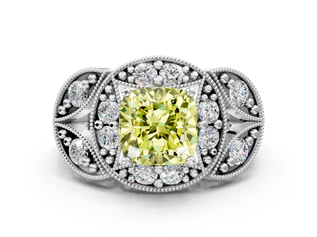 Silver Fancy Yellow Cushion Cut Halo Milgrain Diamond Engagement Ring with Leaf Band and Four-Prong Setting_6