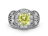 Silver Fancy Yellow Cushion Cut Halo Milgrain Diamond Engagement Ring with Leaf Band and Four-Prong Setting_6