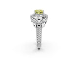 Silver Fancy Yellow Cushion Cut Halo Milgrain Diamond Engagement Ring with Leaf Band and Four-Prong Setting_8