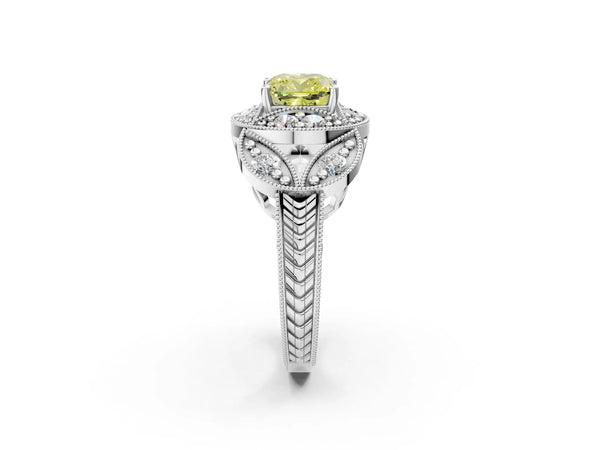 Silver Fancy Yellow Cushion Cut Halo Milgrain Diamond Engagement Ring with Leaf Band and Four-Prong Setting