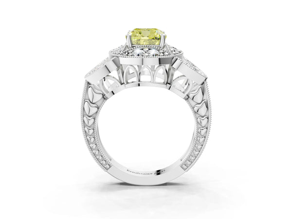 Silver Fancy Yellow Cushion Cut Halo Milgrain Diamond Engagement Ring with Leaf Band and Four-Prong Setting