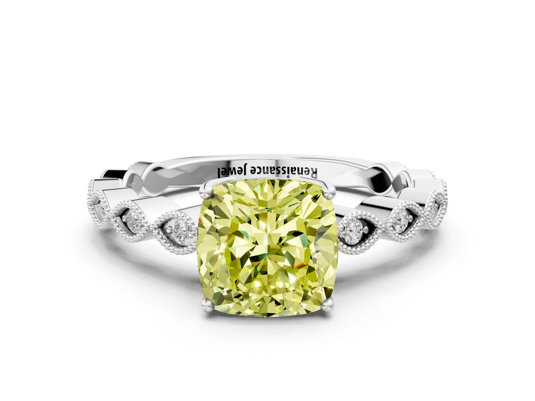 Silver Fancy Yellow Cushion Cut Solitaire Diamond Ring with Infinity Twist Band and Four-Prong Setting_36