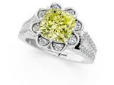 Silver Fancy Yellow Cushion  Halo Diamond Floral Split Shank Engagement Ring 1