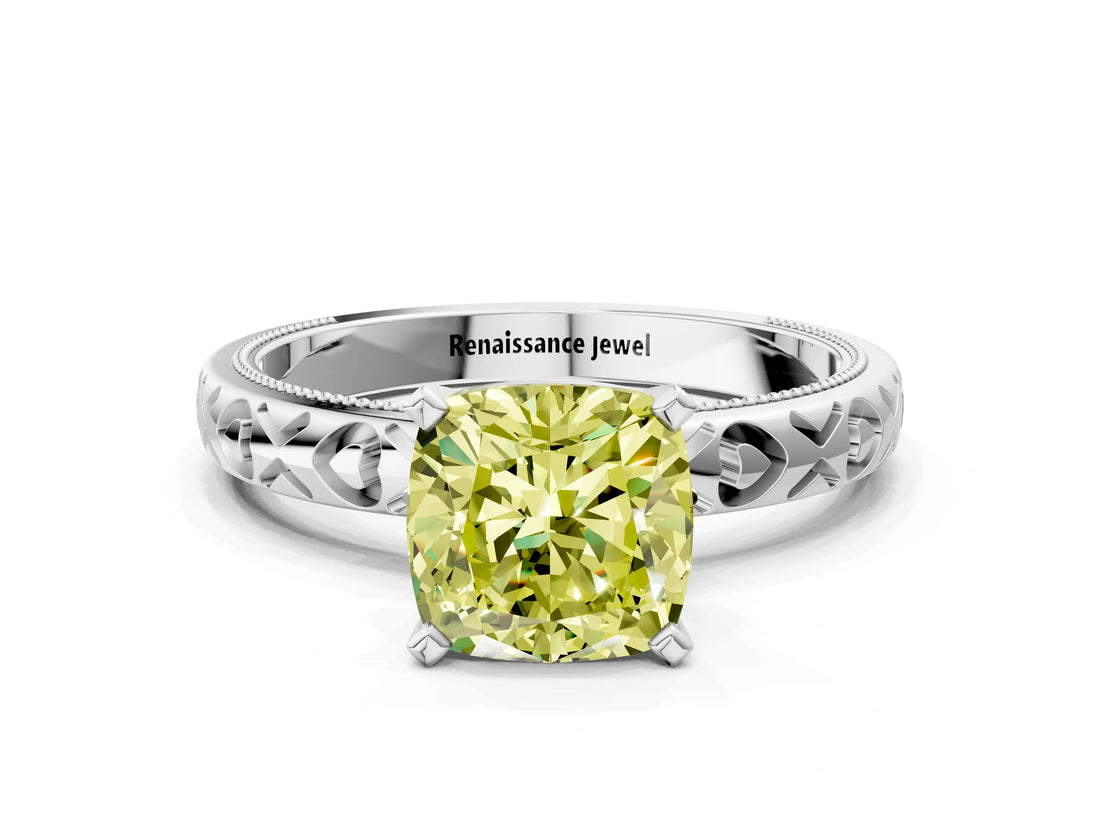 Silver Fancy Yellow Cushion  Solitaire Diamond Engagement Ring with XO Engraved Band and Four-Prong Setting