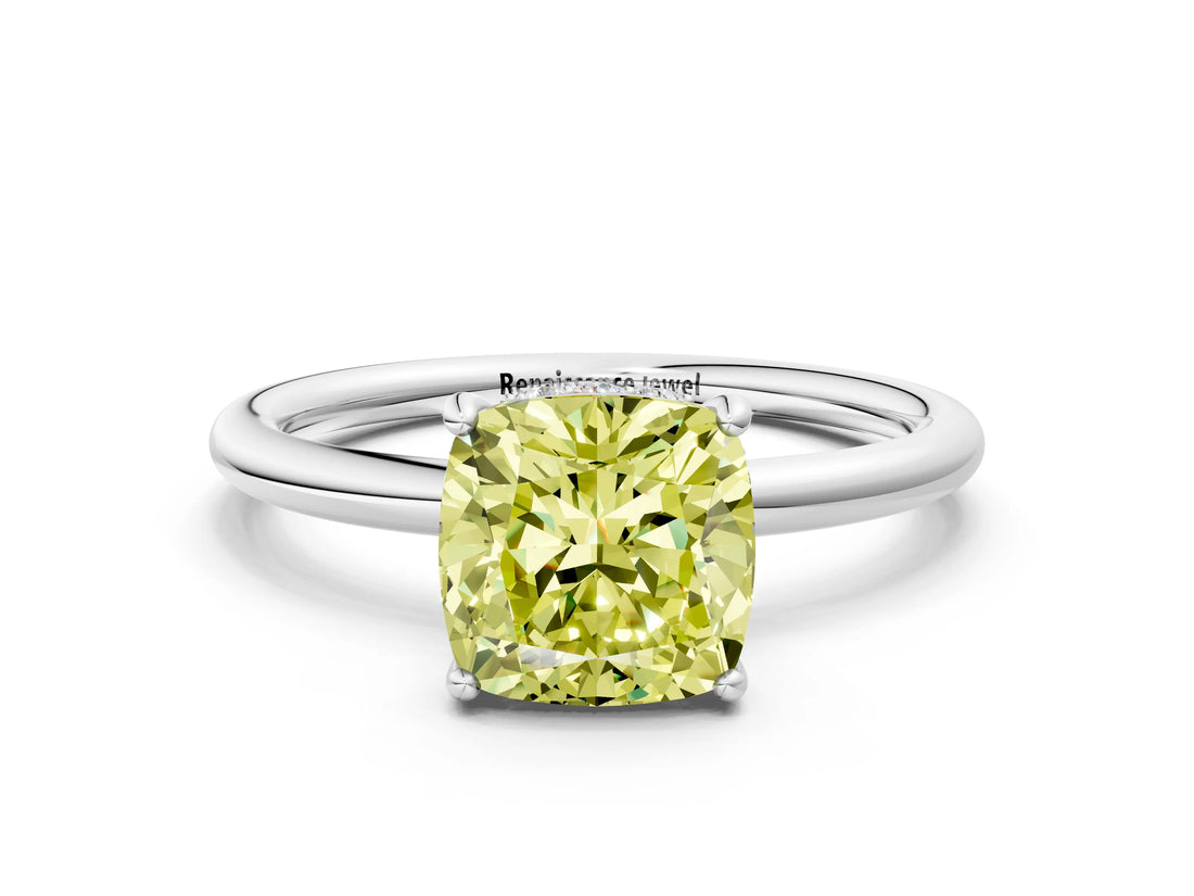 Silver Fancy Yellow Cushion  Solitaire Diamond Ring with a Classic Band and Four-Prong Setting 1