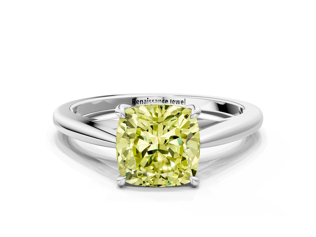 Silver Fancy Yellow Cushion  Solitaire Engagement Ring with Four-Prong Setting and Classic Band