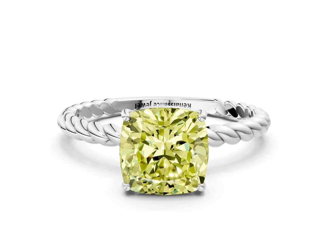 Silver Fancy Yellow Cushion  Solitaire Twist Band Ring with Four-Prong Setting