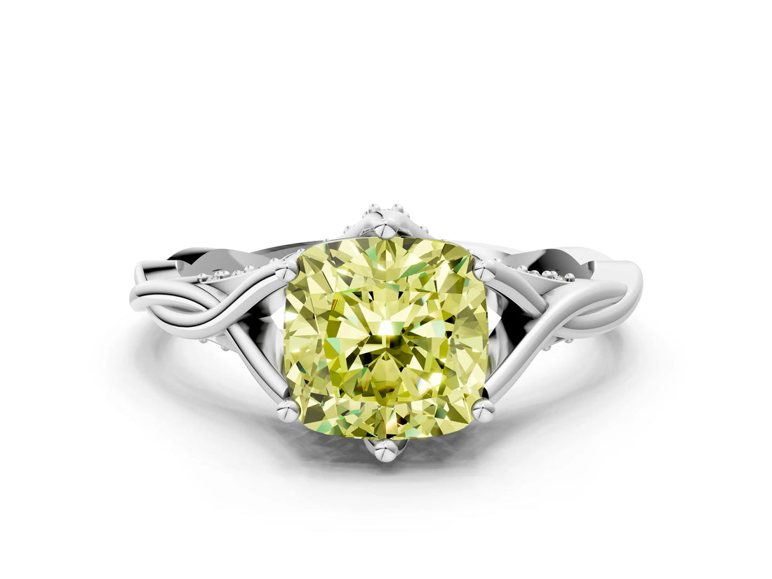Silver Fancy Yellow Cushion  Solitaire Twist Band Six-Prong Setting 1