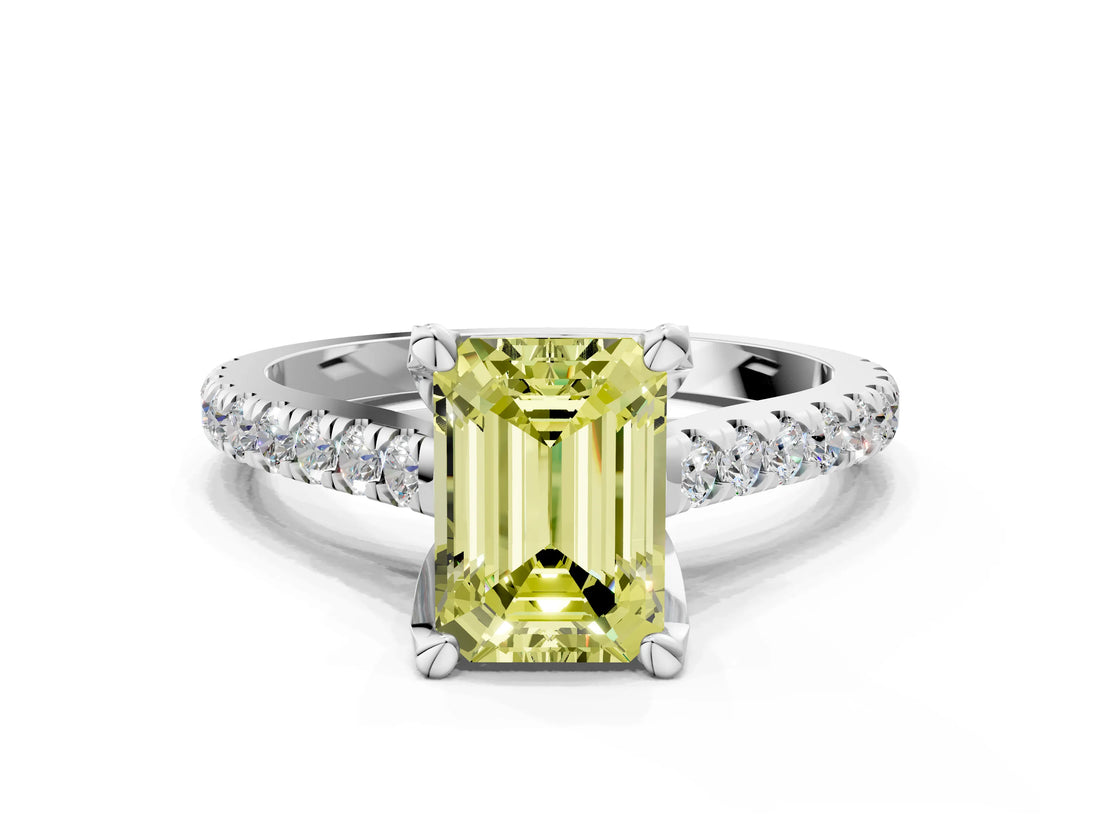Silver Fancy Yellow Emerald  Brilliant Diamond Solitaire with Pavé Band and Four-Prong Setting 1